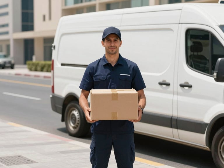 A professional UAE courier in a clean navy uniform carrying a secure package next to a modern delivery van, bright natural daylight, clean Dubai street background, 35mm