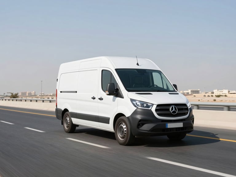 A modern delivery van driving smoothly down a clean Dubai highway during bright sunny day, high-contrast professional tones, 35mm