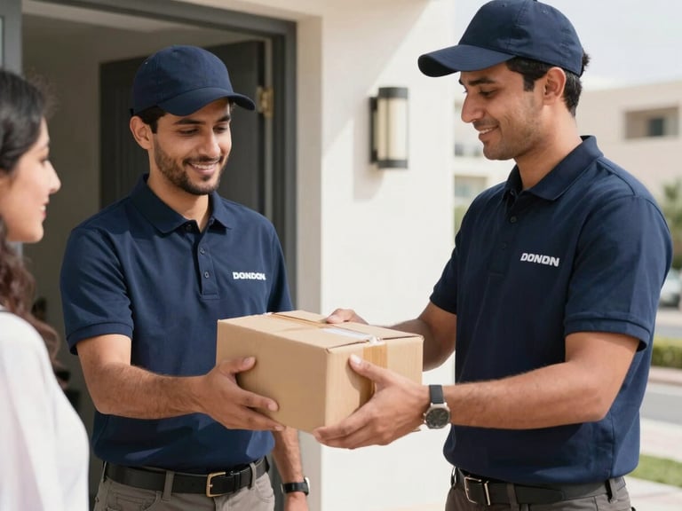 Close-up of a secure package handoff between a professional courier in a navy uniform and a customer at a modern UAE doorstep, bright natural daylight, 35mm