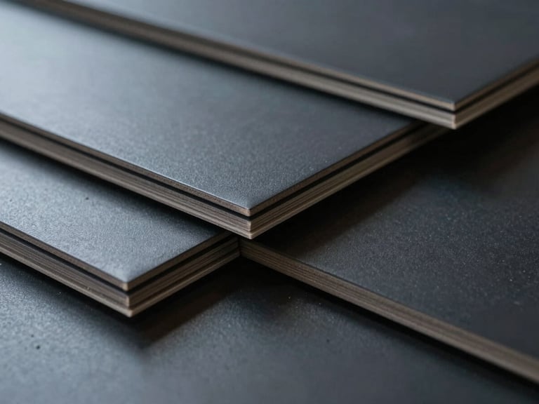 Close-up of stacked matte black vinyl floor tiles and heavy-gauge PVC sheets, dramatic industrial lighting with deep shadows, cold grey tones