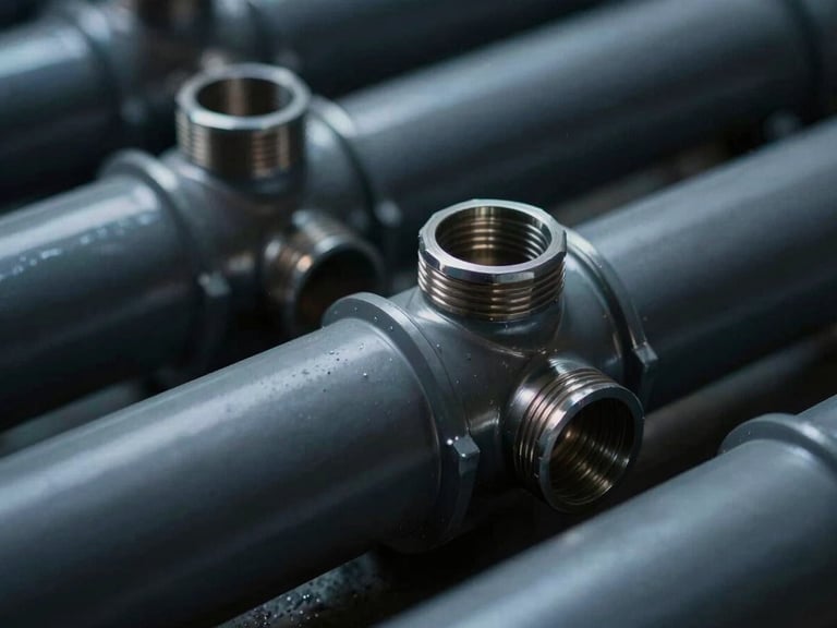 Extreme close-up of heavy-gauge dark grey PVC plumbing pipes and industrial connectors, cold metallic side-lighting, macro detail, 35mm