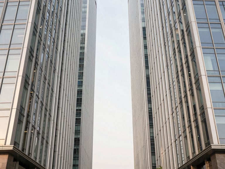 Symmetric architectural photograph of a modern luxury glass and steel skyscraper in Noida, bright natural daylight, clean minimalist lines, desaturated warm tones, 35mm lens