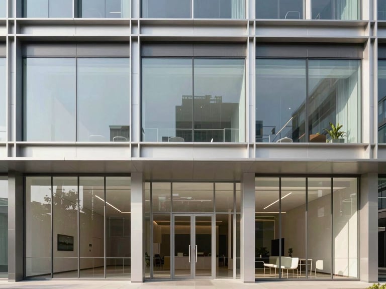 Symmetric architectural photograph of a modern glass and steel office facade in Noida, crisp daylight, clean minimalist lines, high-end editorial style