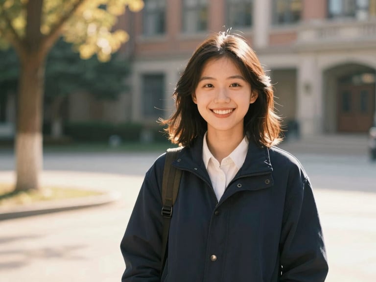 Candid medium environmental portrait of a female student smiling in a sunlit university courtyard, warm natural daylight, shallow depth of field.