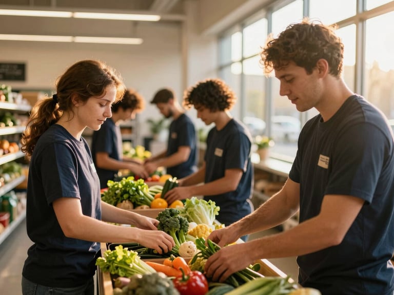 Candid action shot of volunteers in matching shirts organizing fresh vegetables in a bright, modern community pantry, golden-hour light.
