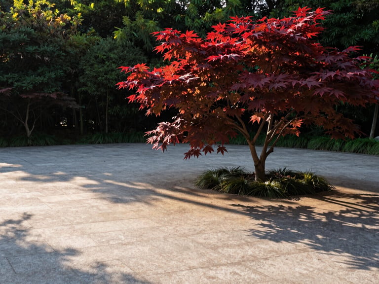 A mature Japanese maple with deep red leaves casting architectural shadows on a light limestone patio, shot during crisp morning golden hour.