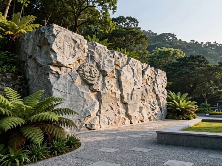 Crisp morning light on a massive hand-carved limestone retaining wall integrated into a hillside, surrounded by deep green ferns and architectural gravel paths.