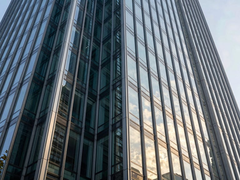 Low-angle heroic shot of a towering commercial glass facade, sharp metallic frames, brilliant daylight reflections on blue-green structural glazing.