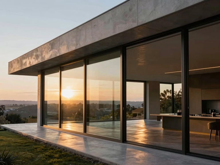 Interior of a luxury minimalist villa overlooking a landscape through floor-to-ceiling sliding glass doors, dramatic golden-hour light, sharp focus.
