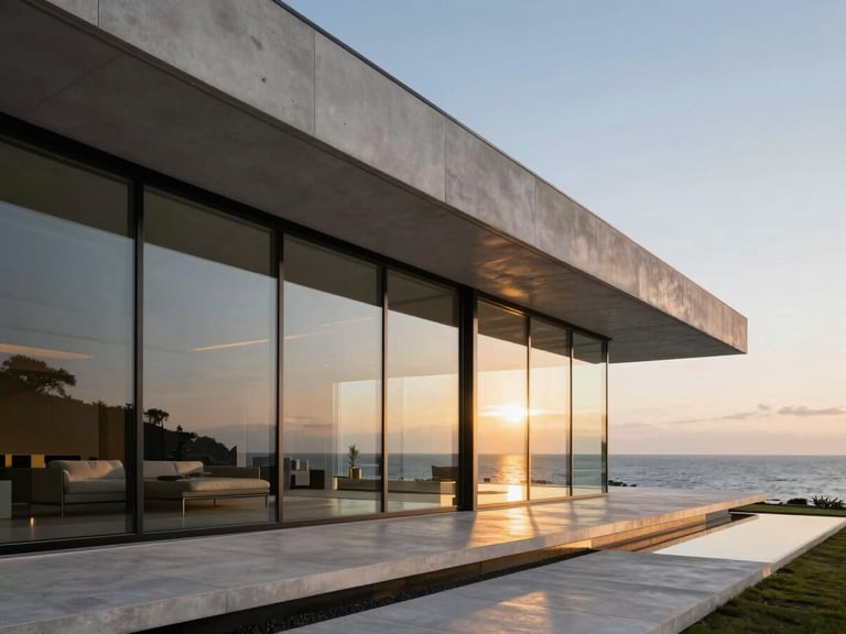 Modern luxury minimalist villa with expansive glass walls, golden-hour light reflecting off clean glass surfaces, overlooking the sea.