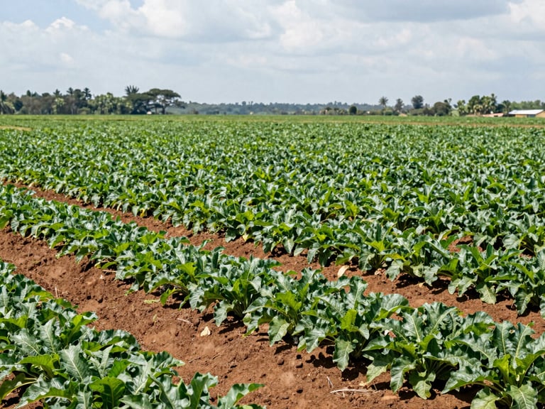 Wide environmental shot of a modern Ugandan commercial farm with lush green crops stretching to the horizon under bright equatorial daylight, sharp focus, 35mm lens