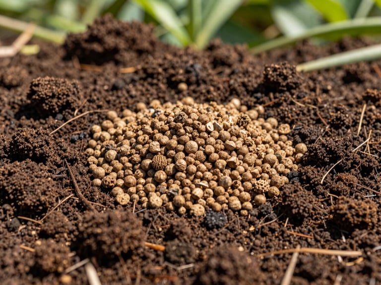 Macro close-up of dark, rich Ugandan loam soil being mixed with organic fertilizer granules, bright natural daylight, sharp focus, 35mm lens.