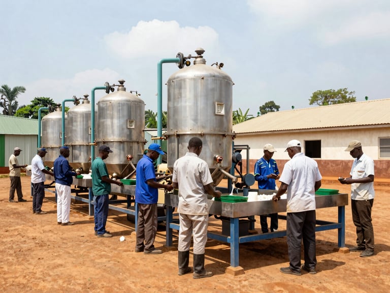 Wide environmental shot of a modern clean fertilizer manufacturing facility in Uganda, local staff in protective gear operating machinery, bright natural daylight