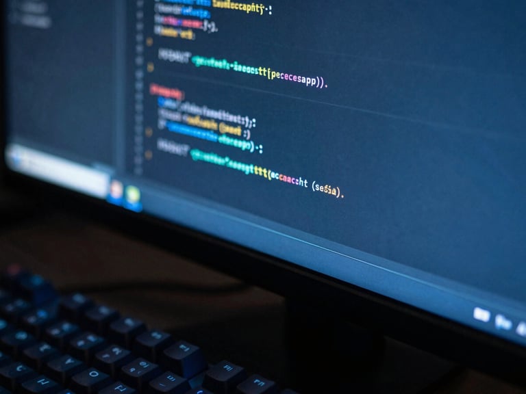 Macro shot of clean code on a curved monitor with cool blue screen glow, mechanical keyboard in soft focus, 35mm photography
