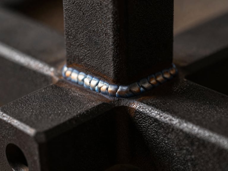 Close-up of a textured matte black powder-coated steel joint, precise weld seam, dramatic side-lighting, dark charcoal tones, 35mm