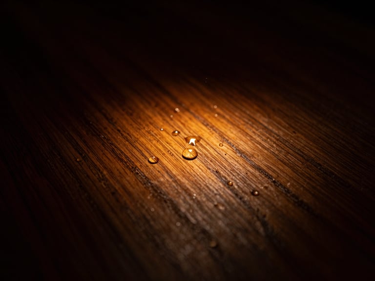 Macro shot of a dark oak wood grain glowing with warm amber light from beneath, water droplets evaporating slightly, dark low-key editorial photography, 35mm