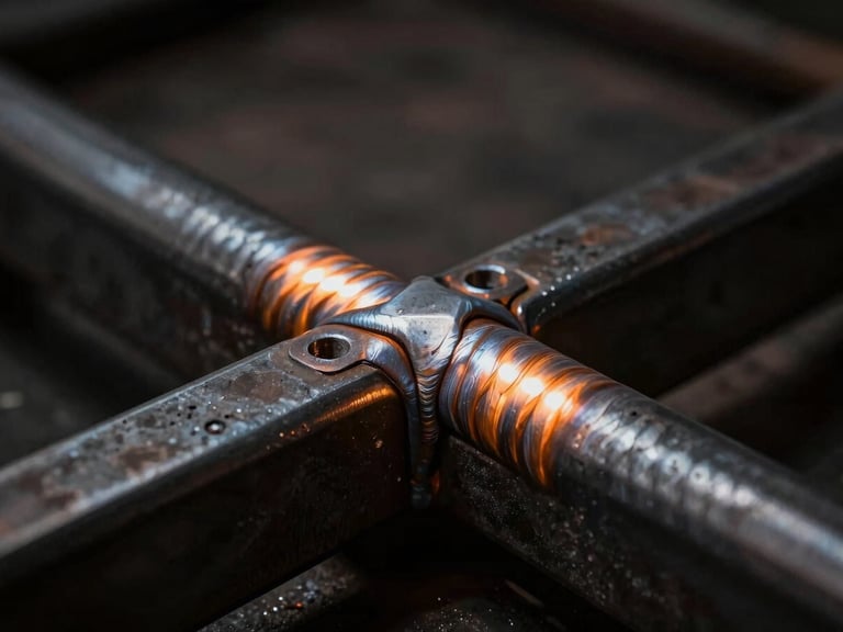 Macro photography of a seamless weld joint on black powder-coated steel, dramatic side-lighting, warm orange LED backlight reflecting on brushed metal, dark industrial background