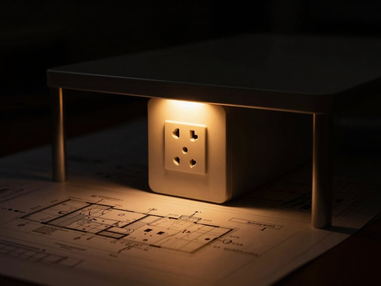 Technical architectural blueprint of a floor electrical outlet plan under a minimal steel table, dark low-key editorial photography, warm amber LED glow, 35mm