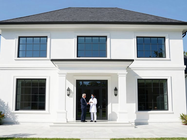 Professional communicating with a vetted vendor on a luxury estate, organized, clear communication, bright natural daylight, 35mm lens.
