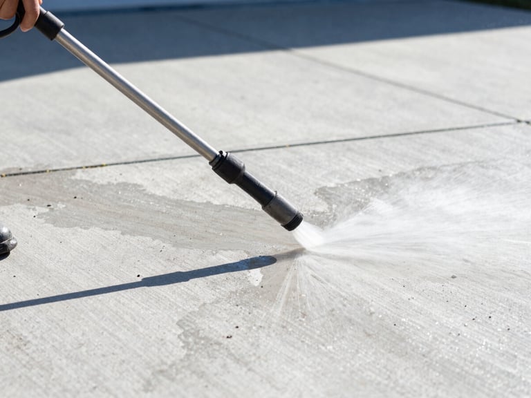 Close-up of a pressure washing wand cleaning a concrete driveway, half clean and half dirty, bright midday sun, sharp contrast, low angle.