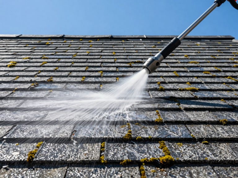 Roof shingles, half covered in moss and half clean, professional pressure washing equipment visible, low angle, bright sun.