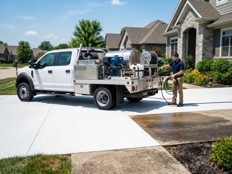 Clean, professional pressure washing truck parked on a freshly cleaned driveway, bright midday sun, sharp detail, 35mm lens