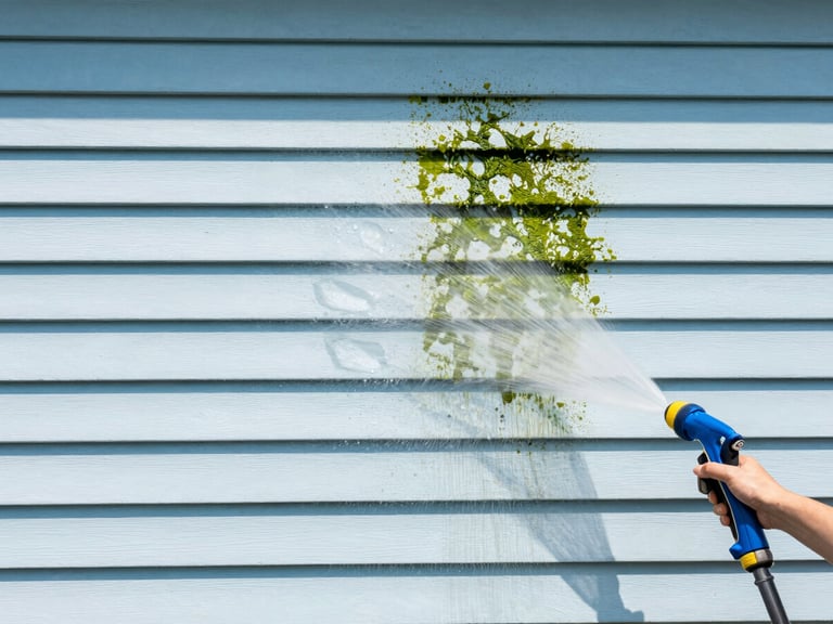 Residential house siding, half clean and half covered in green algae, a soft wash nozzle spraying, crisp morning light, straight-on architectural.
