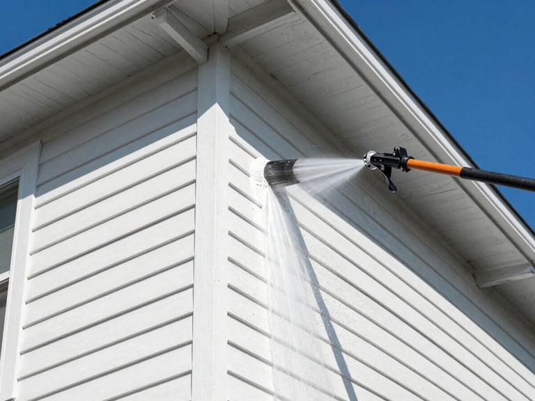 Residential house siding being pressure washed, half clean and half dirty, bright midday sun, sharp detail, low angle