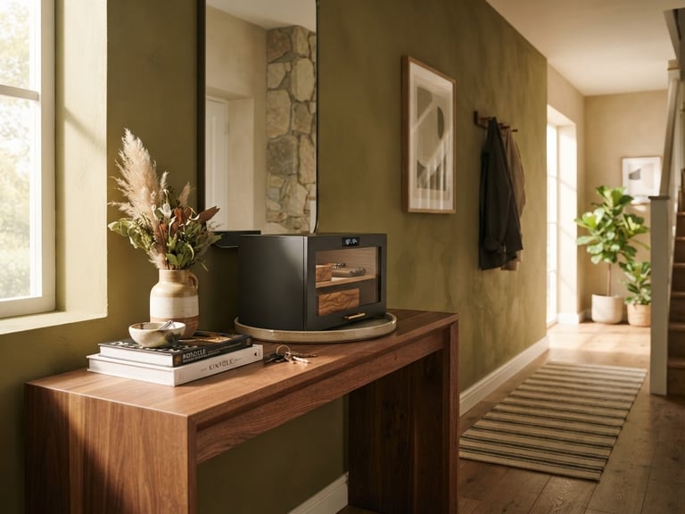 Wide environmental interior shot of a modern entryway table with a plain, temperature-controlled case resting on it, soft natural daylight, warm shadows, 35mm.
