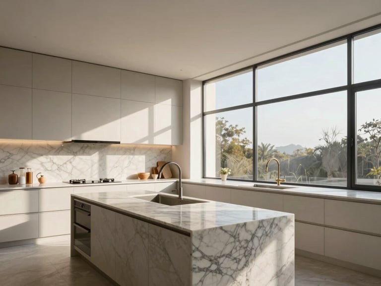 Wide-angle architectural shot of a minimalist, sunlit luxury kitchen with Calacatta marble countertops, warm morning light streaming through tall steel-frame windows.