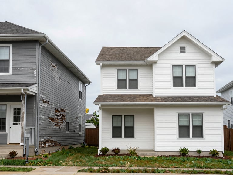 Split-frame wide exterior shot: left half shows a home with visibly failing dark siding and sagging gutters under flat overcast light; right half shows the same elevation fully restored with clean new siding and aligned gutters, shot straight-on at midday, no people, no styling