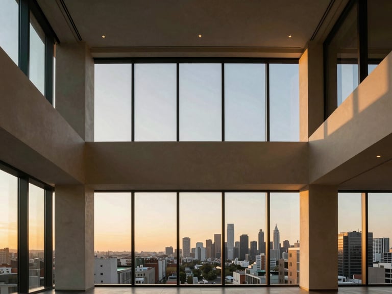 Luxury penthouse interior with high ceilings, floor-to-ceiling windows overlooking a city skyline at sunset, warm minimalist design