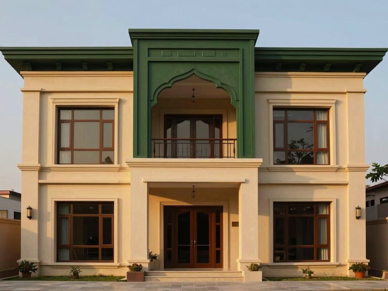 Symmetrical architectural shot of a custom-built modern villa in Islamabad, golden-hour sunlight, warm tones, 35mm