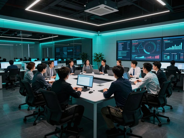 Dramatic wide-angle shot of a collaborative strategy session in a modern, high-contrast office, electric cyan lighting accents, professional team analyzing digital dashboards