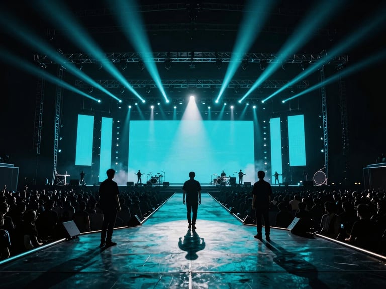 Wide environmental shot of a high-energy live event production stage, dramatic electric cyan lighting, deep shadows, sharp silhouettes, 35mm lens.
