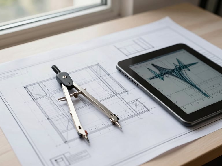Clean architectural drafting table, high-resolution structural blueprint drawings spread out, a silver precision compass, a digital tablet showing structural stress analysis, bright daylight from a side window