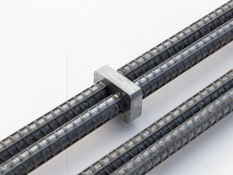 A close-up of a high-resolution 3D structural render showing concrete reinforcement bars and steel connections, clean white background, technical grid lines overlay