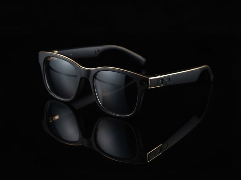 Sleek smart glasses resting on a black reflective surface, low-key dramatic studio lighting, sharp gold rim highlights, deep black background, macro lens