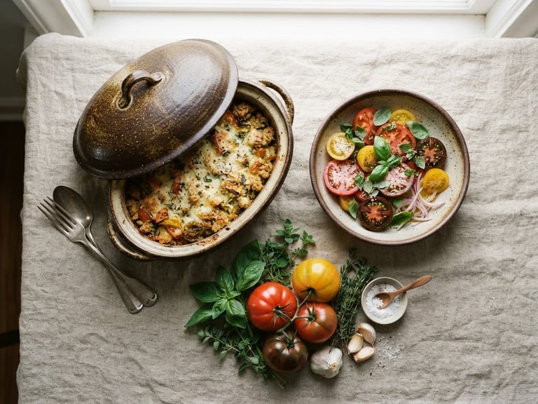 Overhead shot of two ceramic stoneware dishes, one with a lid, on a textured linen tablecloth next to a small stack of fresh, seasonal ingredients like heirloom tomatoes and herbs, soft window light, rich organic tones