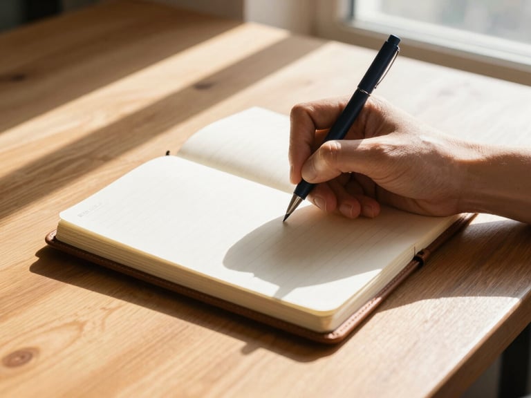Close-up of hands writing numbers in a leather notebook on a solid oak table, natural window light casting sharp geometric shadows, warm editorial tones.