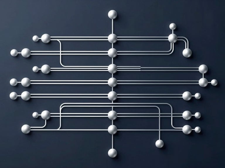 A flat-lay technical schematic of data pathways, clean vector lines on a dark navy background, precise white and silver geometric nodes, cold clinical lighting.