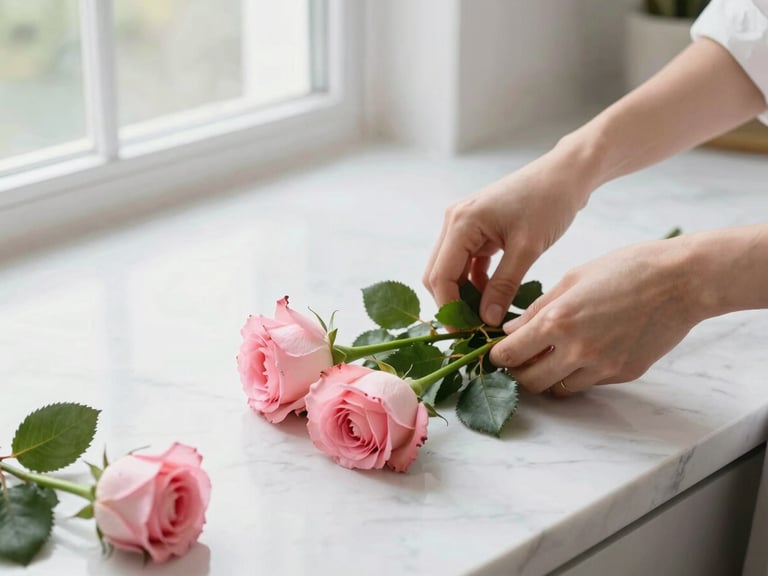 A designer's hands carefully arranging fresh green stems and soft pink garden roses on a clean marble counter, natural window light