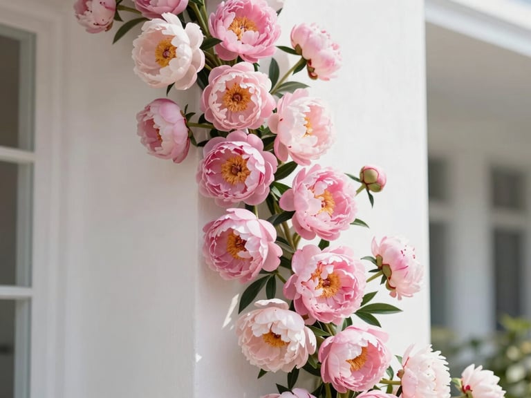 Close-up of a delicate pink peony installation climbing a clean white column, bright natural light, shallow depth of field