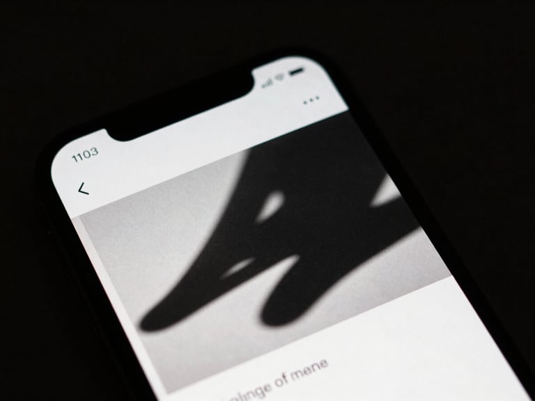 Extreme close-up of a mobile screen displaying custom social creative with high-contrast studio lighting, deep dramatic shadows, minimalist composition, 35mm film look.