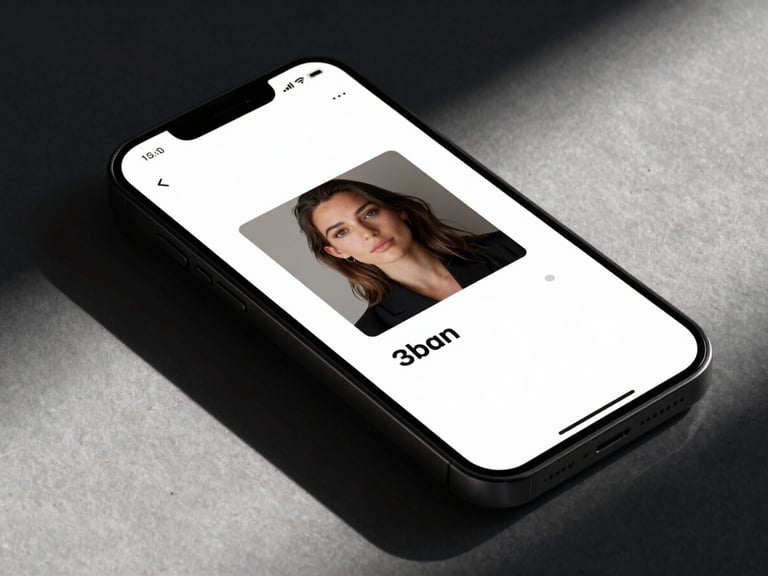 Extreme close-up of a high-end mobile mockup displaying custom social creative with sharp studio lighting and dramatic shadows, 35mm film look.