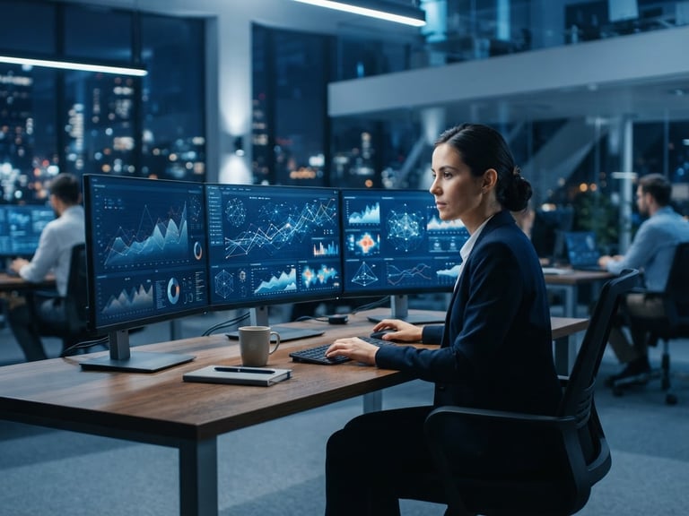 Modern, clean workspace with abstract data visualizations on large screens, cool studio lighting, deep blue and white tones, sharp corporate tech photography, 35mm