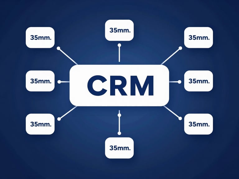 Abstract data visualization of a CRM automation workflow with interconnected nodes, cool studio lighting, deep blue and white tones, clean composition, 35mm