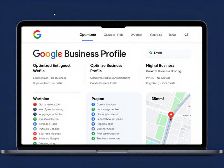 Screen showing optimized Google Business Profile with high engagement metrics and map pins, cool studio lighting, deep blue and white tones, clean composition, 35mm