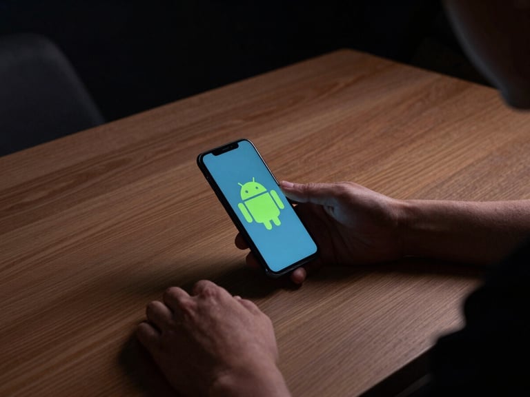 Environmental wide shot of a person at a minimal desk at night, face lit only by the cool glow of an Android phone screen, dark room surroundings visible, hands resting on a wooden surface, precise studio atmosphere