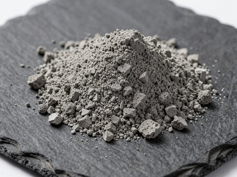 Macro shot of raw grey pozzolan powder resting on a dark slate surface, cool-toned studio lighting, extreme texture detail, 35mm